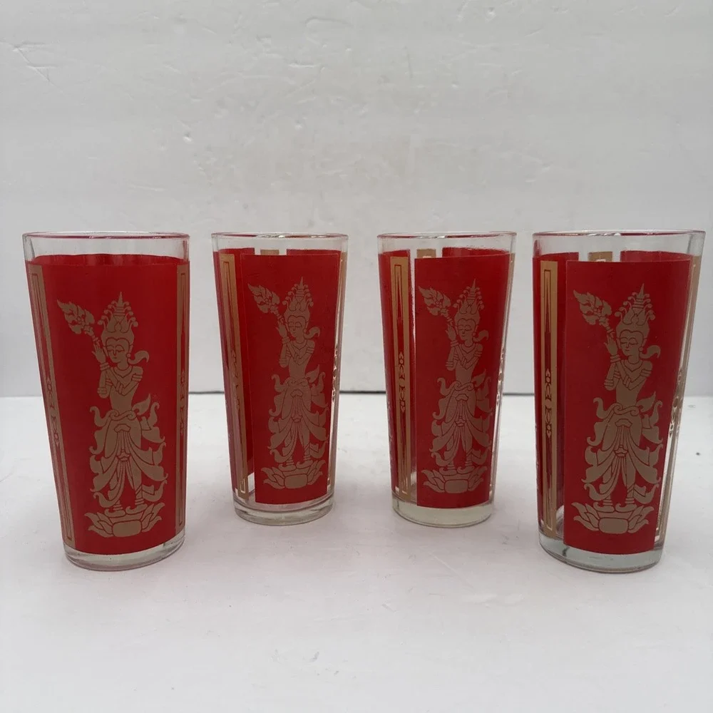 Vntg 1960's Culvers Red & Gold Siam Thai Goddess 4 High Ball Glasses‎ 6.25